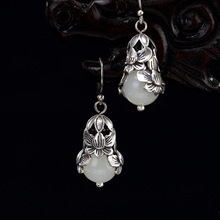 New Fashion silver S925 pure silver antique mosaic and jade white jade bead lotus lady high-end earrings earrings wholesale 2024 - buy cheap