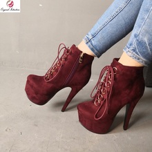 Original Intention Ankle Boots Sexy Platform Thin High Heel Women Boots Wine Red Round Toe Shoes Woman Plus Size 4-20 2024 - buy cheap