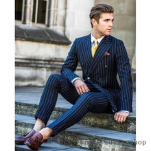 Newest Groomsmen Navy Blue White Stripe Groom Tuxedos Peak Lapel Men Suits Wedding Best Man Blazer ( Jacket+Pants+Tie ) C518 2024 - buy cheap