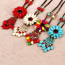 Statement New Bohemia Natural Stone Flower Pendant Necklaces Red Ethnic Rope Chain Long Tassel Necklaces For Women Charm Jewelry 2024 - buy cheap