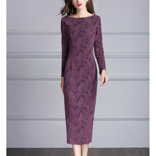 Fashion  Autumn Winter Ladies Wine Red Party Dresses Slim Dresses Women Elegant Long Print Leaf O-neck Long Sleeve Dress RE2043 2024 - buy cheap