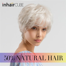 INHAIR CUBE синтетические волосы, натуральные волнистые короткие парики с челкой, серый белый пушистый многослойный парик для женщин, бесплатный подарок 2024 - купить недорого