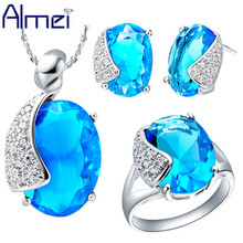 Conjunto de joias de prata almei t061, conjunto oval azul zircônio cúbico, brincos, colares e pingentes, bijuterias para casamento 2024 - compre barato