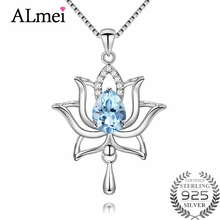 Женское Ожерелье с голубым топазом Almei 1.2ct из стерлингового серебра 925 пробы, ожерелья и подвески в виде лотоса для женщин, элегантный цветок одуванчика с коробкой CN055 2024 - купить недорого