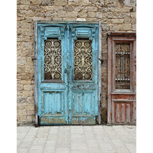 Pano de fundo fotográfico para porta de madeira antiga, pintura azul, fundo de parede de tijolos, adereços para fotografia de bebês e recém-nascidos 2024 - compre barato