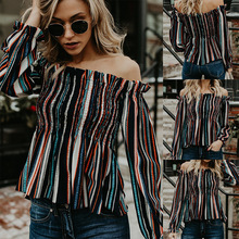 Elegant Women Colorful Striped Blouse Sexy Off Shoulder Long Sleeve Shirts Top Blouse 2018 Fashion New Slash Neck Ladies Blusas 2024 - buy cheap
