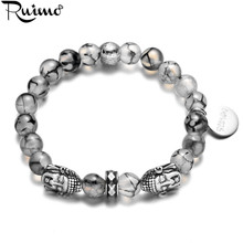 RUIMO Men Buddha Head Beads Elastic Bracelet Natural Black Crack Onyx Stone Beads Religious Beaded Women Bracelets & Bangles 2024 - buy cheap