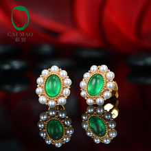 14K Yellow Gold 0.98ct 4x6mm Cabochon Cut Emerald and Natural Pearl Classical Engagement Earrings 2024 - buy cheap