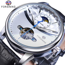 Мужские автоматические механические часы Forsining, белые часы с ремешком из натуральной кожи, модные наручные часы с дисплеем Sun Moon 2024 - купить недорого