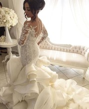 Saudi Arabic Lace Mermaid Wedding Dresses With Full Sleeves 2020 Bridal Gowns Dubai Royal Train Button Ruffles Robe De Mariee 2024 - buy cheap