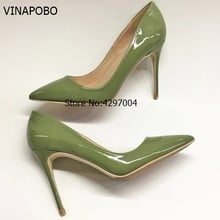 Vinapobo sexy brilhante/couro de patente saltos altos verde apontou toe bombas sapatos de festa mulher stiletto salto alto bomba 12cm 10cm 2024 - compre barato