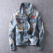 American Streetwear Fashion Men Jacket Light Blue Patches Spliced Destroyed Denim Jacket Men Coat Brand Hip Hop Jackets hombre 2024 - buy cheap