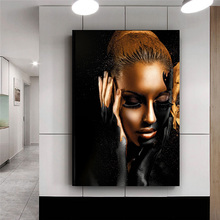 Pintura al óleo sobre lienzo de mujer africana, póster de pared escandinava, imagen artística, Sexy, negra, dorada, desnuda, decoración del hogar 2024 - compra barato