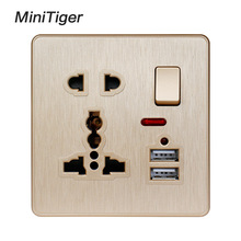 Minitiger Gold Color Wall Power Socket 13A Universal 5 Hole Switched Outlet 2.1A Dual USB Charger Port LED indicator 2024 - buy cheap