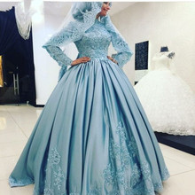 Vestido de noiva, azul, da arábia saudita, manga longa, cetim, com miçangas, vestido de baile, vestido de noiva 2024 - compre barato