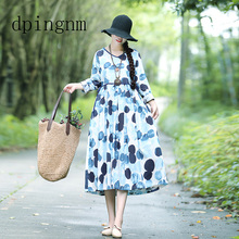 2018 early autumn dress cotton and linen printed retro art long-sleeved loose large dress 2024 - buy cheap