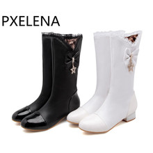 PXELENA Black White Mid Calf Boots Girls  Bowtie Ruffles Shoes 2018 Winter New Hot Square Low Heels Western Boots Women 34-43 2024 - buy cheap