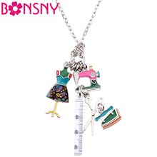 Bonsny régua de costura personalizada com pingente de liga metálica, tesoura, colar de roupas, joias de novidade para presente de meninas e mulheres 2024 - compre barato