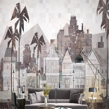 Decorative wallpaper series  Nordic modern simple retro urban architecture coconut tree TV background wall 2024 - buy cheap