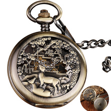 Vintage bronze steampunk relógio de bolso mecânico dos homens corrente da cintura veados oco design dial roman número dois rosto aberto relógio masculino 2024 - compre barato