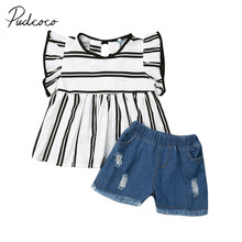 2019 Baby Summer Clothing Toddler Kids Baby Girl Clothes Sets Ruffles Striped T-Shirt Tops+Ripped Denim 2pcs Shorts Outfit 1-6Y 2024 - compre barato