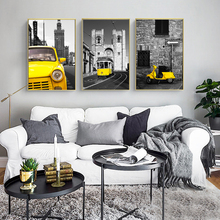 Pinturas decorativas Vintage para dormitorio de niños, lienzo de paisaje con edificio de coche amarillo, imagen artística para pared para sala de estar, carteles de habitaciones e impresiones 2024 - compra barato