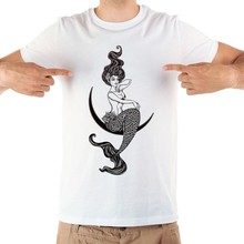 Camiseta divertida de sirena gótica en la Luna para hombres, camiseta informal de manga corta blanca de verano, dibujo sin pegamento 2024 - compra barato