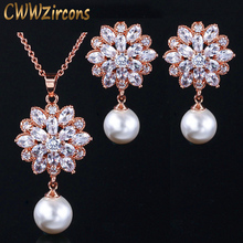 CWWZircons 2020 New Arrival Gorgeous Cubic Zirconia Flower Earring Necklace Women Fashion Pearl Jewelry Set Rose Gold Color T279 2024 - buy cheap