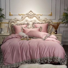Luxury Pink Blue Wine Red Egyptian Cotton European Palace Bedding Set Queen King Lace Duvet Cover Bed sheet/Linen Pillowcases 2024 - buy cheap