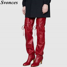 Roman Fashion Vintage Red Thigh High Stiletto Boots Sexy Laces Over The Knee Boots Runway Women Texas Boots Comfort Thick Heel 2024 - buy cheap