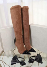 Abesire/женские элегантные сапоги до колена на высоком каблуке, украшенные бантиком, женские модные разноцветные высокие сапоги без шнуровки с острым носком, 2019 2024 - купить недорого