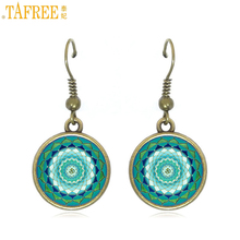 TAFREE vintage fashion om yoga  women dangle earrings jewelry bronze color handmade glass dome mandala drop earrings CT342 2024 - buy cheap