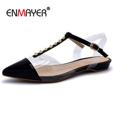ENMAYER Genuine Leather  Basic  Casual  Womens Shoes Flats  Solid  Buckle Strap  Pointed Toe  Women Shoes 2019 Size 34-42 LY1317 2024 - buy cheap
