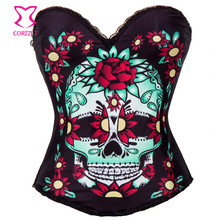 Red Rose & Skull Printed Push Up Corsets And Bustiers Steampunk Corselet Punk Gothic Clothing Sexy Corset Overbust With Straps 2024 - buy cheap