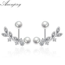 ANENJERY 925 Sterling Silver Zircon Leaves Earrings Pearl Stud Earrings brincos Wedding Jewelry S-E265 2024 - buy cheap