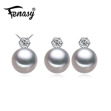 FENASY natural pérola define 925 colar de prata para as mulheres/bonito gemstone stud brincos e pingente de coroa 8- 9mm contas 2024 - compre barato