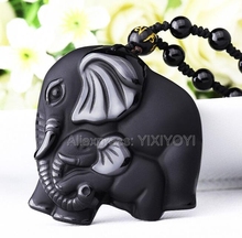 Collar con colgante de elefante tallado para madre y bebé, amuleto de la suerte, hecho a mano, obsidiana negra Natural, envío directo 2024 - compra barato