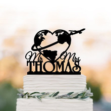 Travel Themed Custom Wedding Cake Topper Mr and Mrs World Map Airplane Cake Topper Personalized Unique Cake Top Decorations 2024 - buy cheap