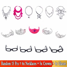 15 Pcs/Lot = Random 6x Fashion Necklaces + 5x Mini Cute Princess Crowns + 4x Black Glasses Accessories for Barbie Doll Kids Toy 2024 - buy cheap