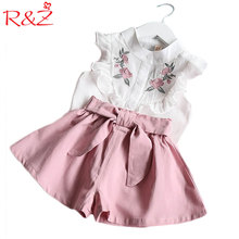 R&Z children's suit 2019 summer new girls sweet suit children's embroidery is said shirt bow shorts two-piece 2024 - buy cheap