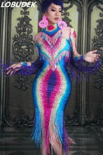 Fantasia feminina de strass colorida., vestido longo de borla para esticar, comemoração, aniversário, baile, boate. 2024 - compre barato