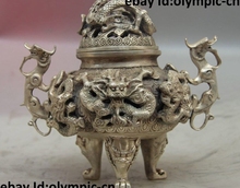 Chinese Buddhism Tibet Silver Two Dragon Play Bead Incense Burner Censer Statue 2024 - buy cheap