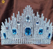 Tiara de concurso Miss Universe de cristal azul, tiara con diamantes de imitación grandes coronas claras, Boda nupcial, fiesta de graduación, disfraces 2024 - compra barato