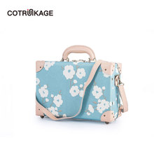 COTRUNKAGE Small 12" Women Genuine Leather & Canvas Blue Floral Carry On Luggage Cosmetic Bag for Girls with Combination Lock 2024 - buy cheap