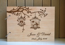 Libro de invitados de boda con grabado rústico de jaula de pájaros, personalizado, de madera 2024 - compra barato