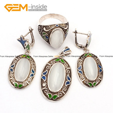 White Cat Eye Cloisonne Antiqued Tibeten Silver Ring Earrings Pendant Jewelry Set Free Shipping Wholesale Gem-inside 2024 - buy cheap