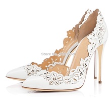 ALMUDENA White Black Patent Leather Flower Carved High Heel Wedding Shoes Pointed Toe Slip-on Floral Cut-out Stiletto Heels Pump 2024 - buy cheap