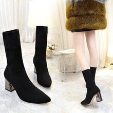 2019 autumn new pointed Martin boots thick with high-heeled women's boots stovepipe black wool tube elastic boots 2024 - buy cheap