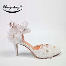 BaoYaFang thin heels shoes Woman Appliques ankle strap Buckle fashion shoes White Lace pointed toe Wedding shoes 2024 - buy cheap