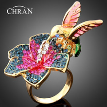 CHRAN-Anillo de boda con diseño de pájaro y flores para mujer, sortija elegante de cristal, Color dorado, clásico, para fiesta 2024 - compra barato